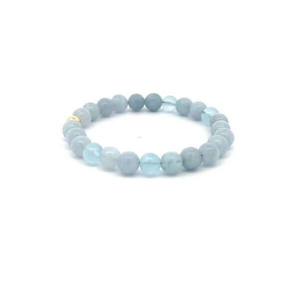 Natural Aquamarine 6mm Stretchable Bracelet 18k Gold Bead Charm - Picture 5 of 5